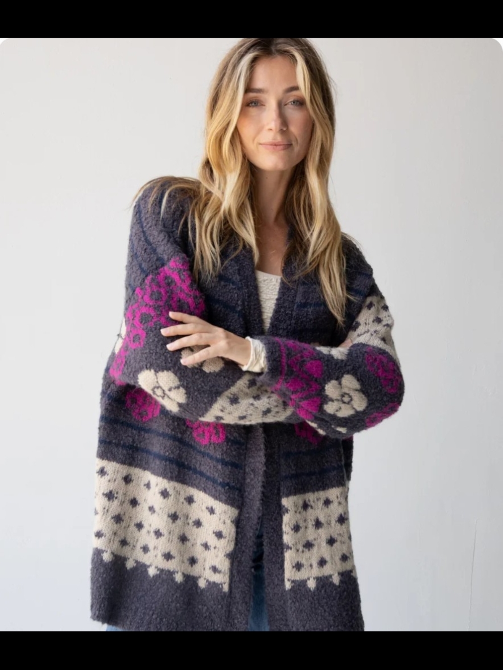 NATURAL LIFE Calla Floral Jacquard Open Cardigan with Magenta Accents